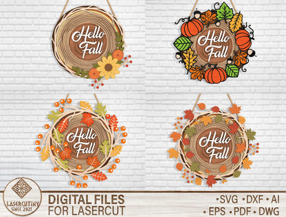 Hello Fall Wood Slice Door Hanger SVG Bundle for Glowforge xTool LightBurn 4 Designs