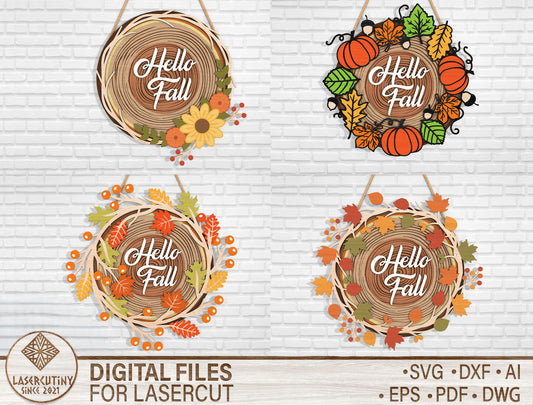 Hello Fall Wood Slice Door Hanger SVG Bundle for Glowforge xTool LightBurn 4 Designs