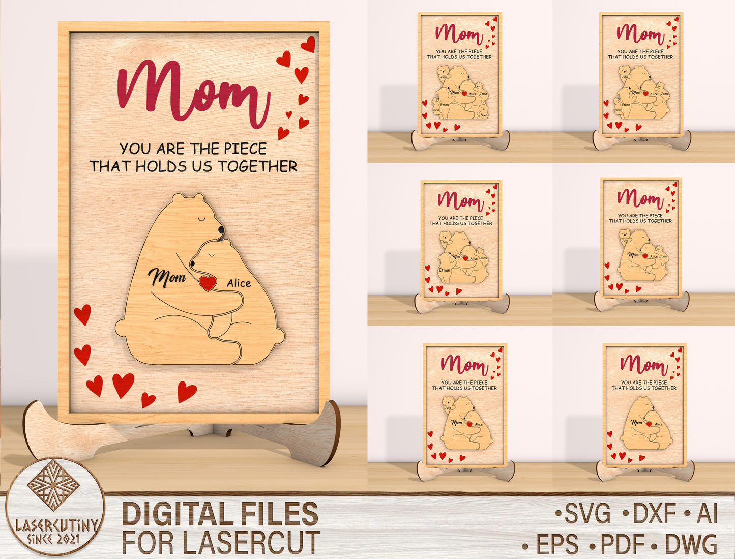 Mom Bear Family Puzzle Sign SVG You Are The Piece for Glowforge