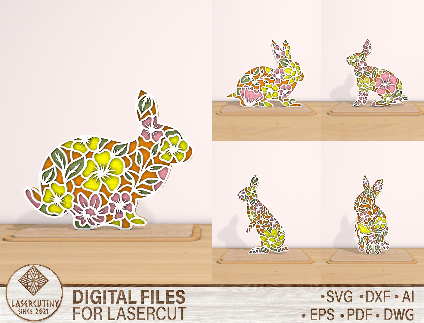 Floral Bunny SVG Bundle Colorful Rabbit Pattern Easter for LightBurn and xTool