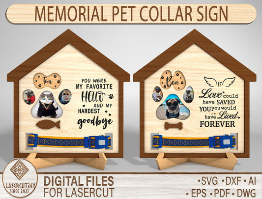 Pet Memorial Collar Holder SVG Dog Remembrance Tabletop Sign Laser Cut File for LightBurn