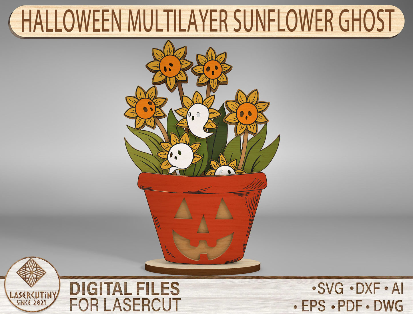 Halloween Sunflower Ghost Multilayer SVG for Glowforge xTool LightBurn