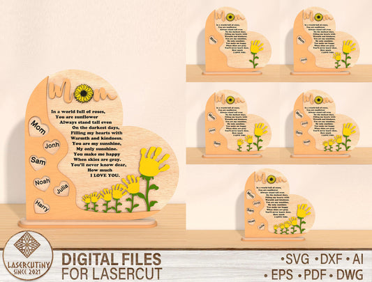 Mom Heart Plaque Floral Family Sign SVG Bundle for Glowforge and xTool