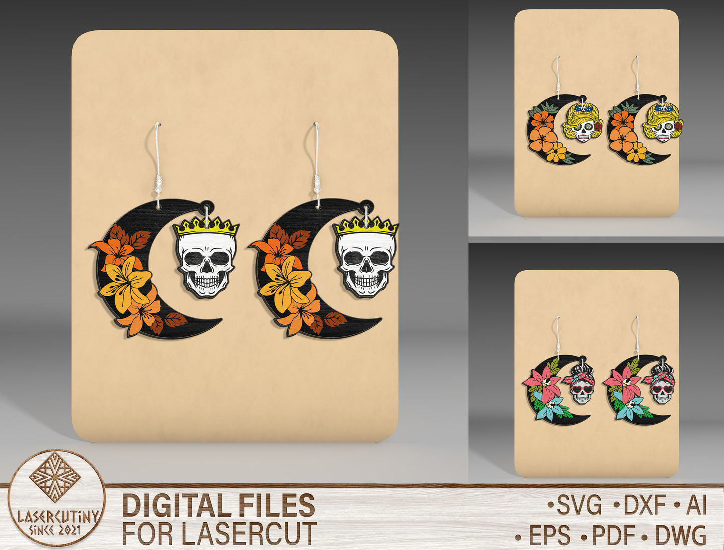 Halloween Skull Moon Earrings SVG Bundle 3 Designs for LightBurn xTool Glowforge