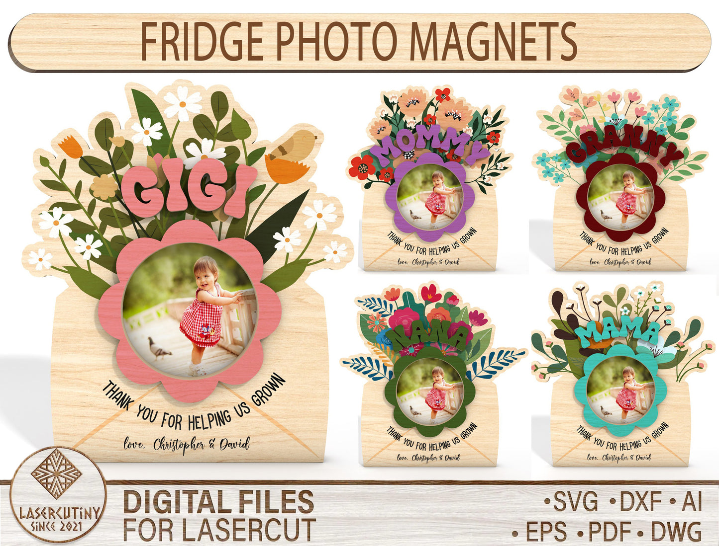 Personalized Floral Photo Magnet Bundle SVG Grandma Mom Gift Laser Cut File for Glowforge and xTool