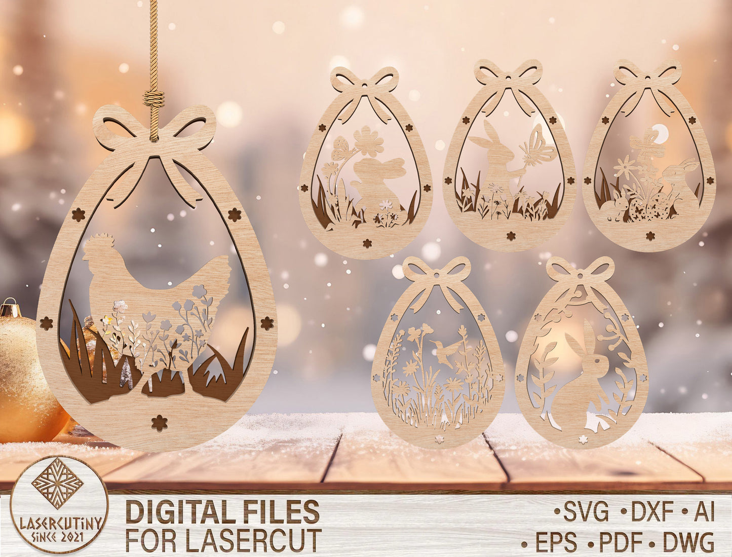 Easter Egg Floral Ornament SVG Bunny Hanging Decor for LightBurn and xTool