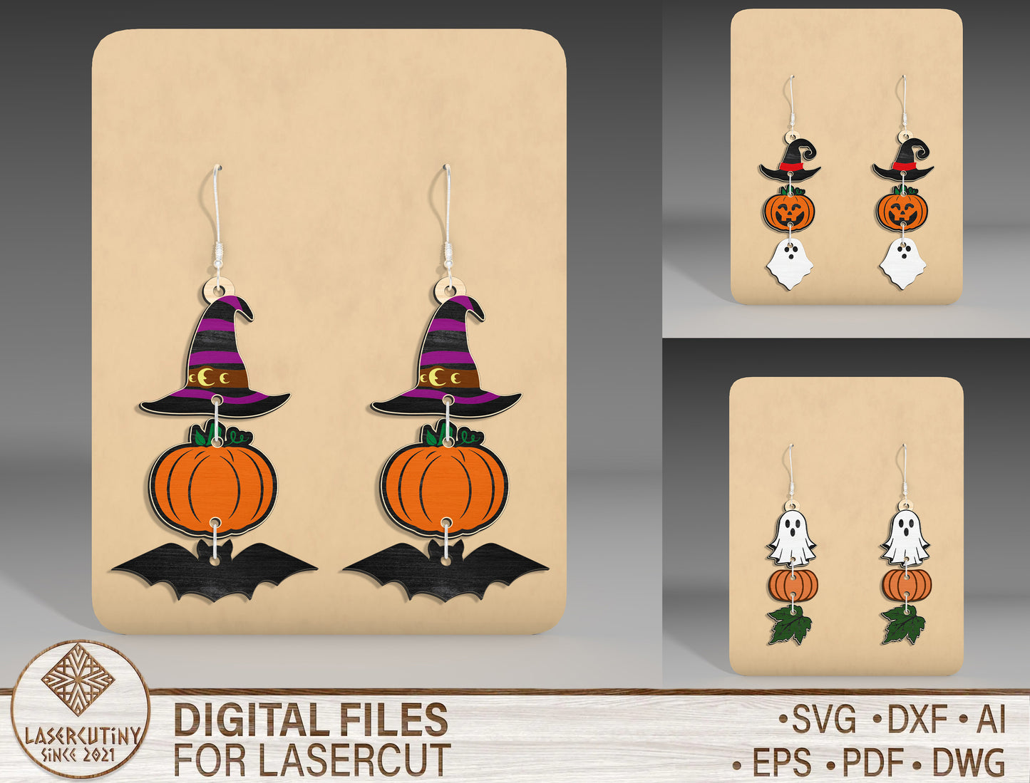 Halloween Witch Hat Pumpkin Earrings SVG Bundle 3 Designs for Glowforge LightBurn xTool
