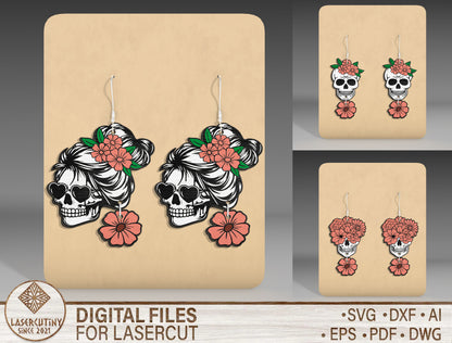 Halloween Floral Skull Earrings SVG Bundle 3 Designs for LightBurn Glowforge xTool