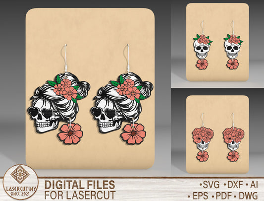 Halloween Floral Skull Earrings SVG Bundle 3 Designs for LightBurn Glowforge xTool