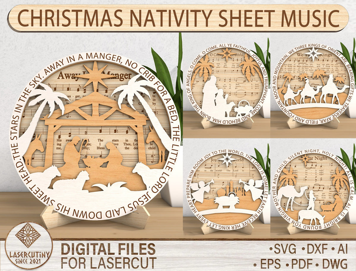 Christmas Nativity Sheet Music SVG Bundle 5 Layered Designs