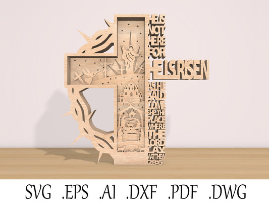 He Is Risen Cross Laser Cut File | Easter Resurrection Scripture Decor | Layered Christian Art | Glowforge, xTool, LightBurn, etc.