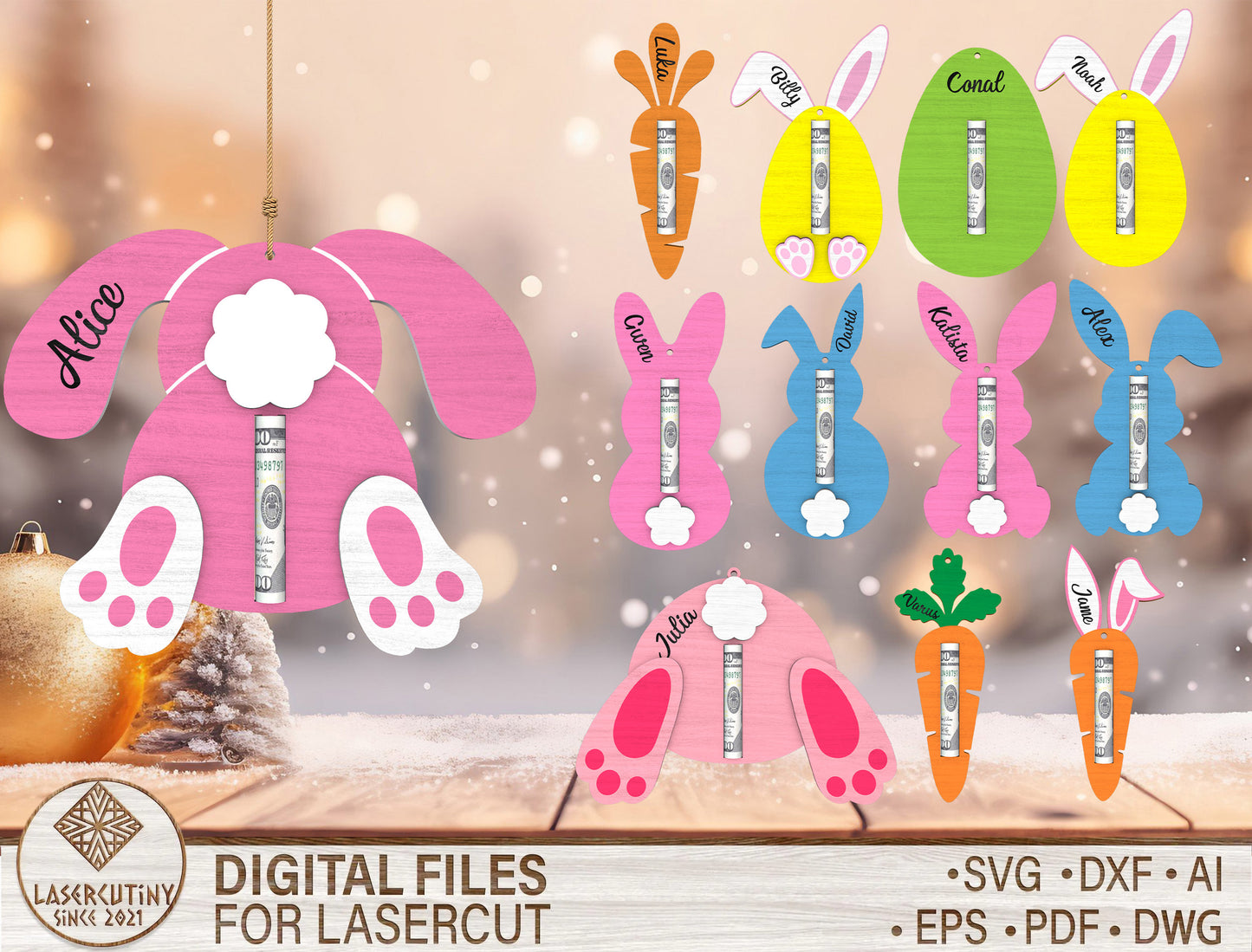 Personalized Bunny Money Holder SVG Bundle 12 Designs for LightBurn
