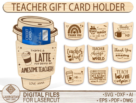 Teacher Coffee Gift Card Holder SVG Bundle for LightBurn and Glowforge