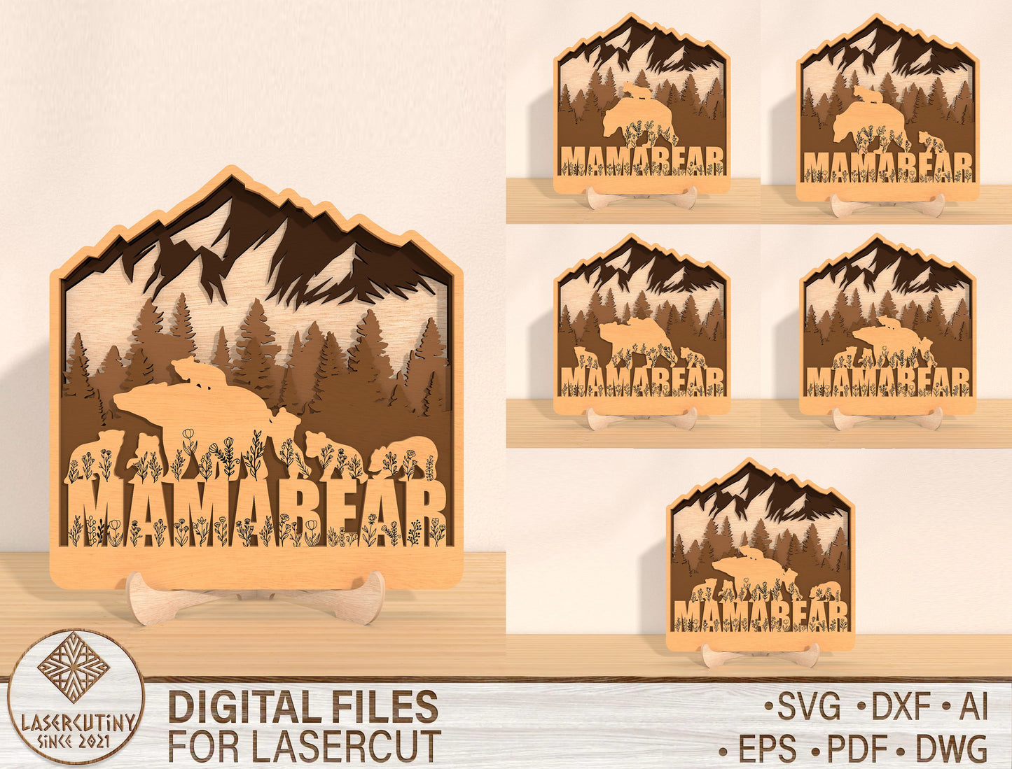 Bear Family Mountain Sign SVG Laser Cut File for LightBurn and Glowforge