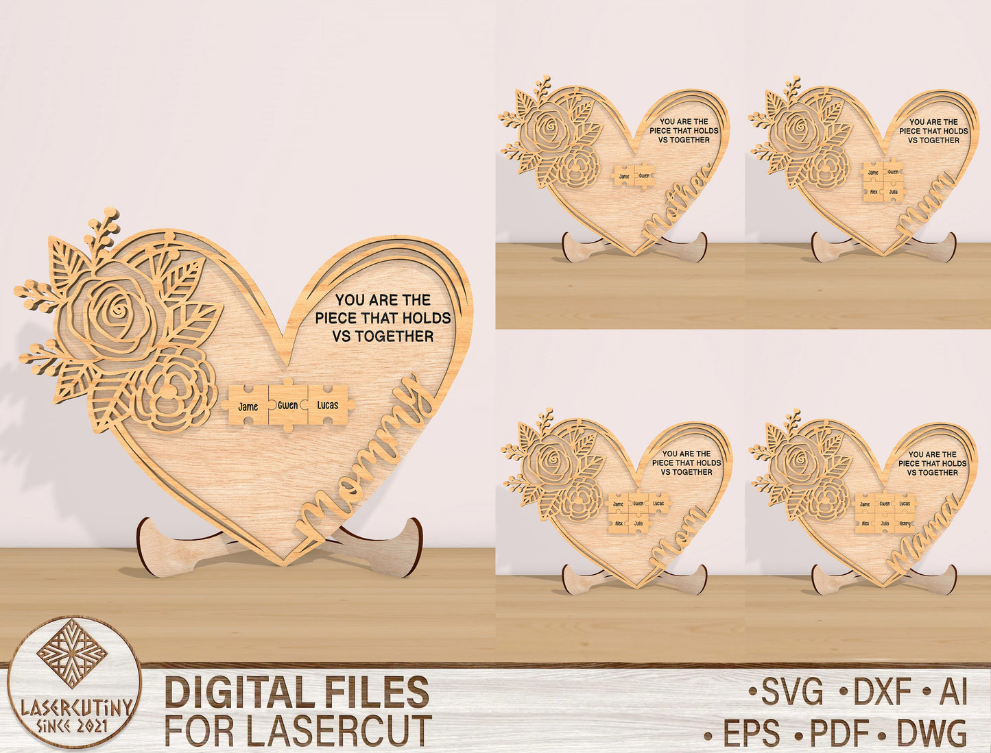 Mom Rose Heart Sign SVG Bundle 5 Designs for LightBurn and xTool