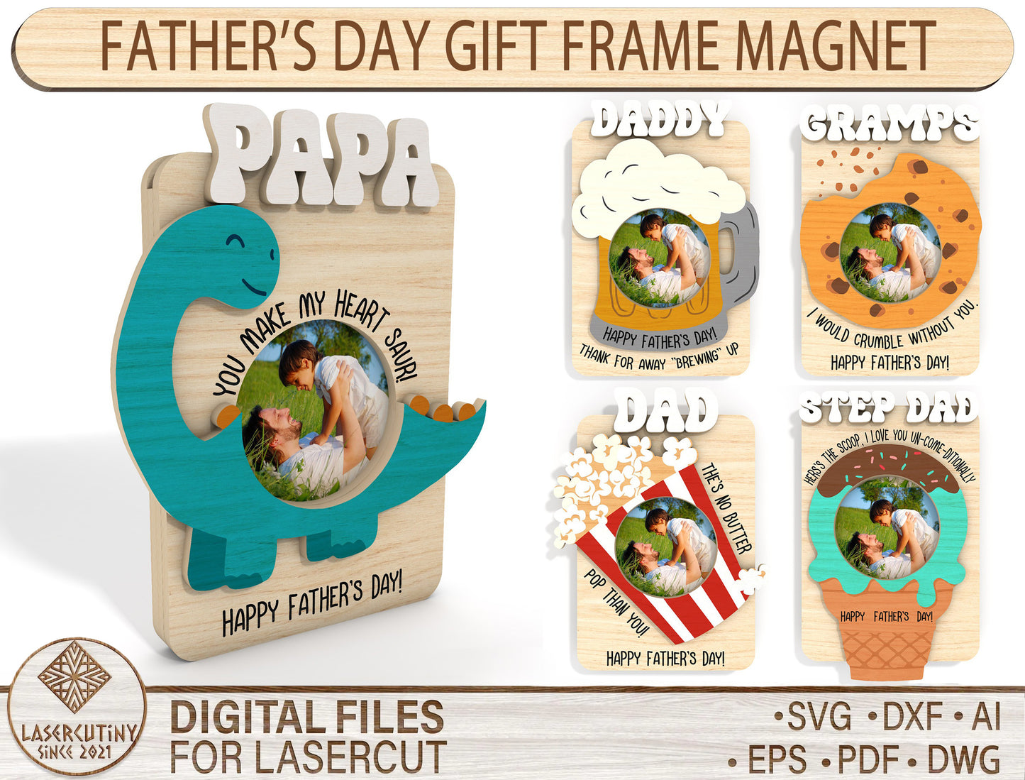 Father's Day Photo Frame Magnet SVG Bundle Laser Cut File for Glowforge and LightBurn
