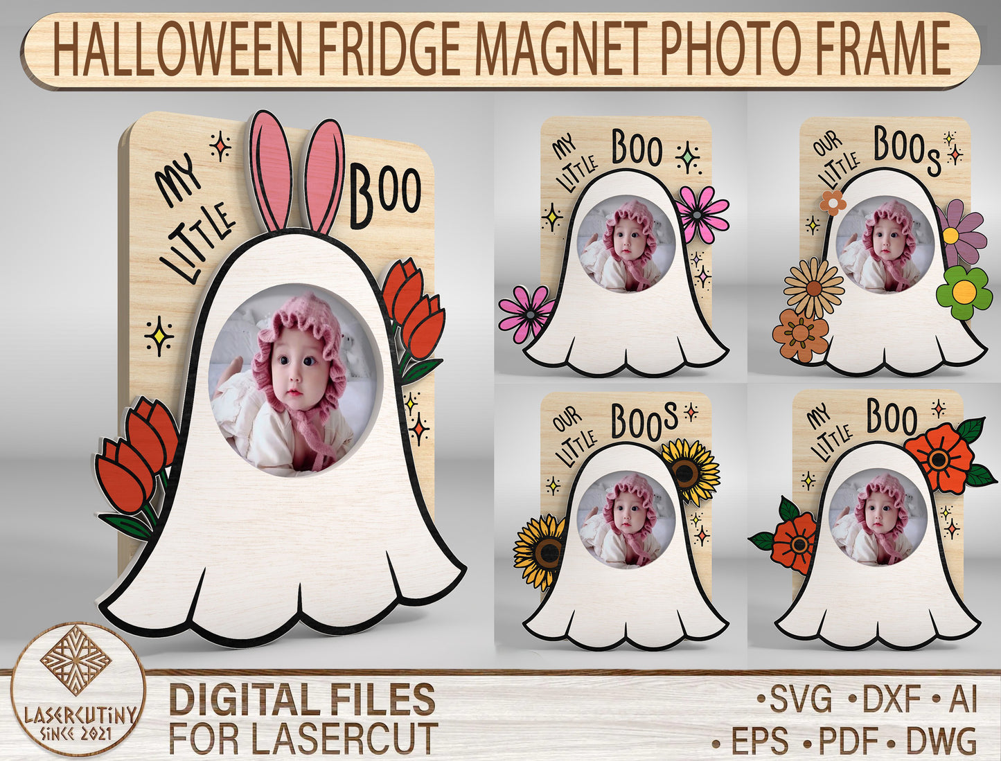 Halloween Ghost Fridge Magnet Photo Frame SVG for LightBurn xTool Glowforge 5 Designs