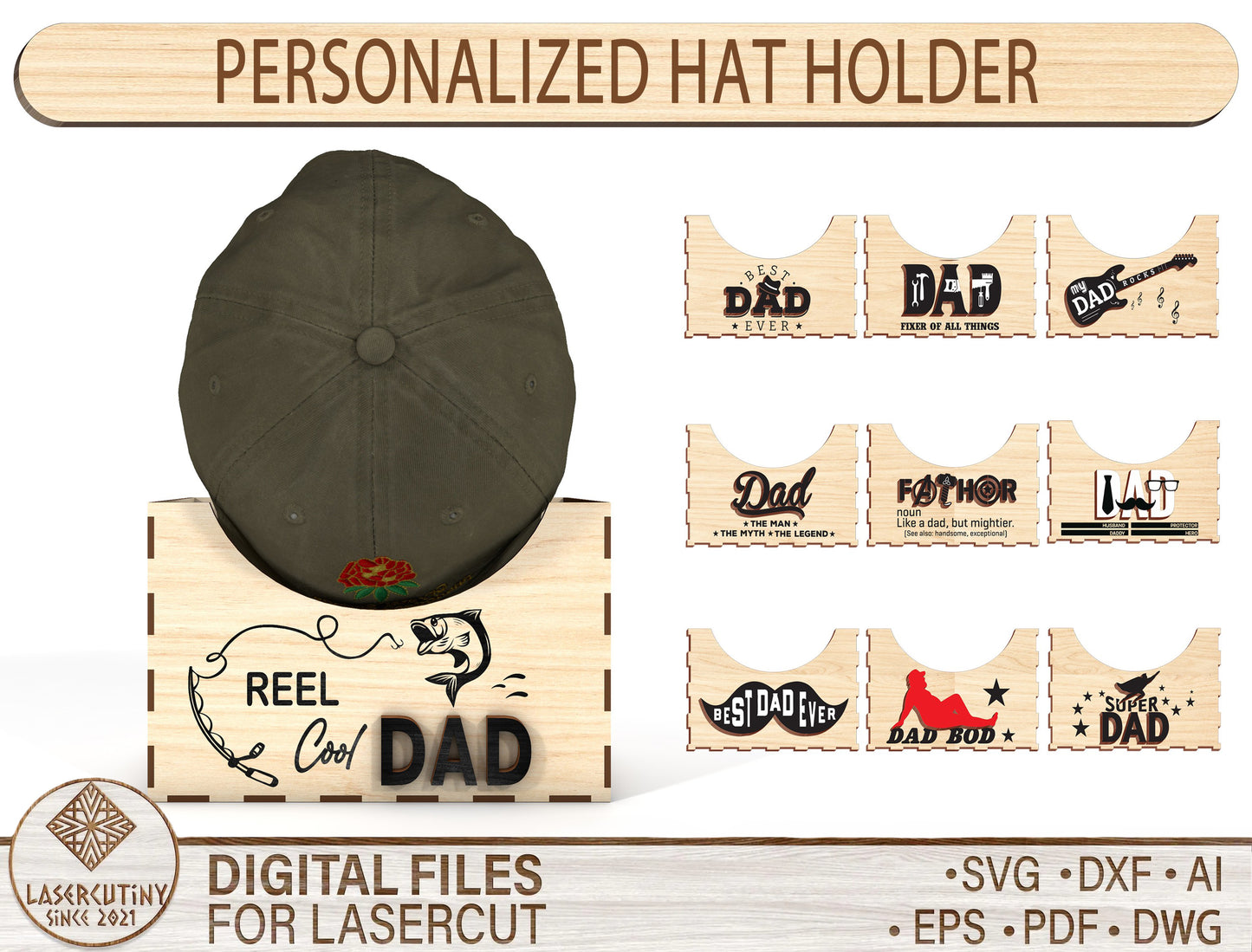 Personalized Dad Hat Holder SVG Bundle Laser Cut File for LightBurn and xTool