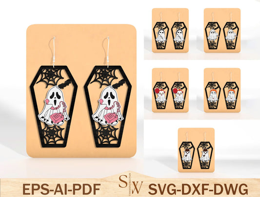 Halloween Coffin Skeleton Earrings SVG Bundle Laser Cut File | Pumpkin Skull Earrings | Spooky Gothic Style | Glowforge, xTool, LightBurn, etc.