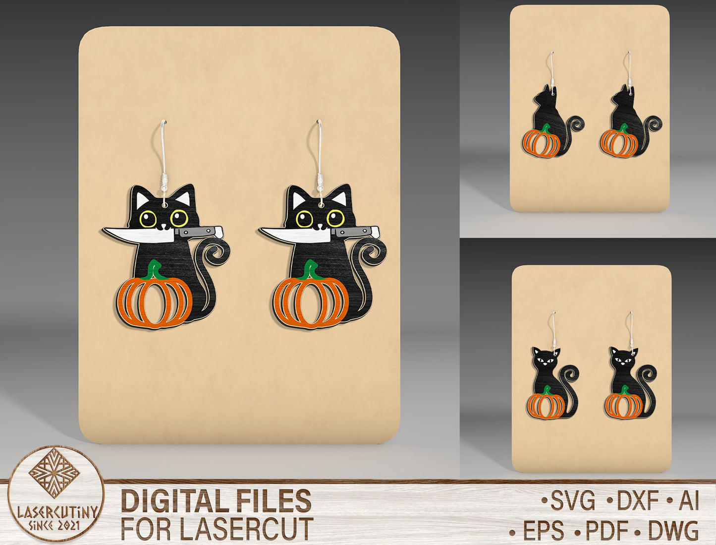 Halloween Black Cat Pumpkin Earrings SVG Bundle 3 Designs for LightBurn xTool Glowforge