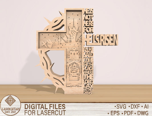 He Is Risen Cross Laser Cut File | Easter Resurrection Scripture Decor | Layered Christian Art | Glowforge, xTool, LightBurn, etc.