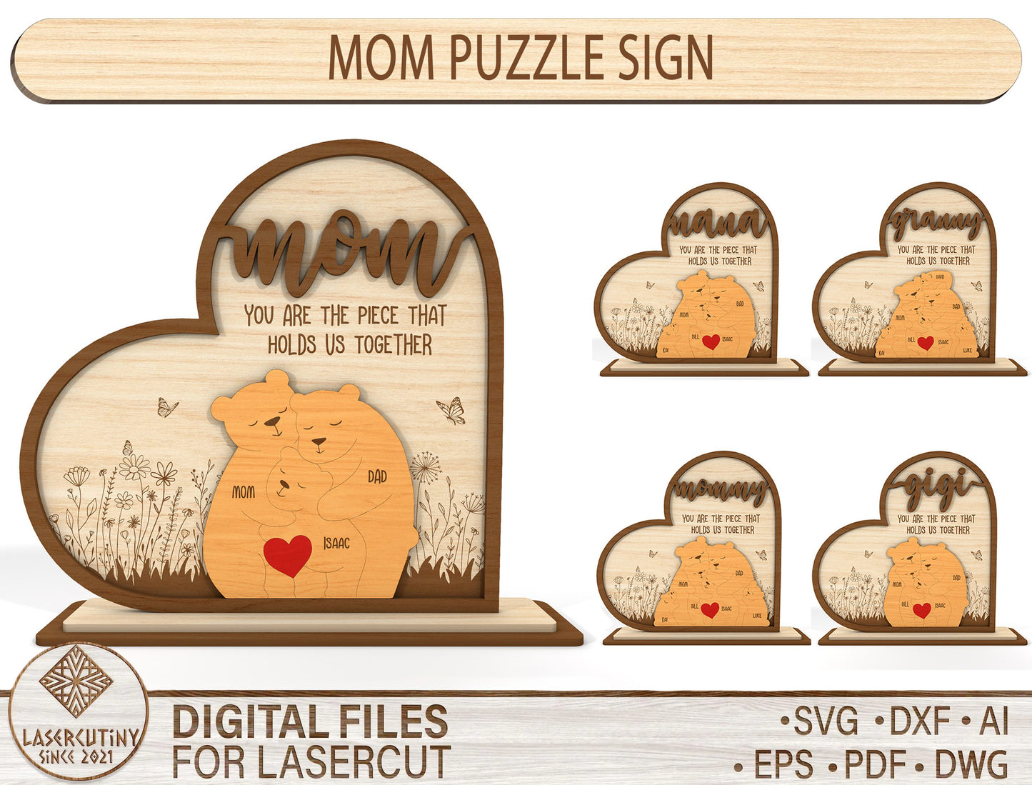 Mom Bear Family Puzzle Sign SVG Wooden Frame for Glowforge and xTool
