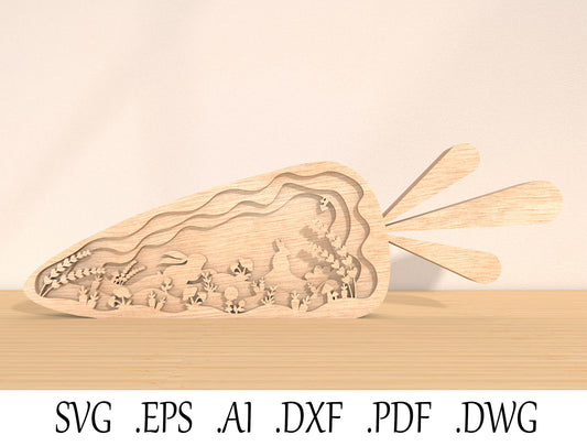 Layered Carrot Bunny Scene Laser Cut File | Easter Woodland Decor | Wooden Spring Art | Glowforge, xTool, LightBurn, etc.