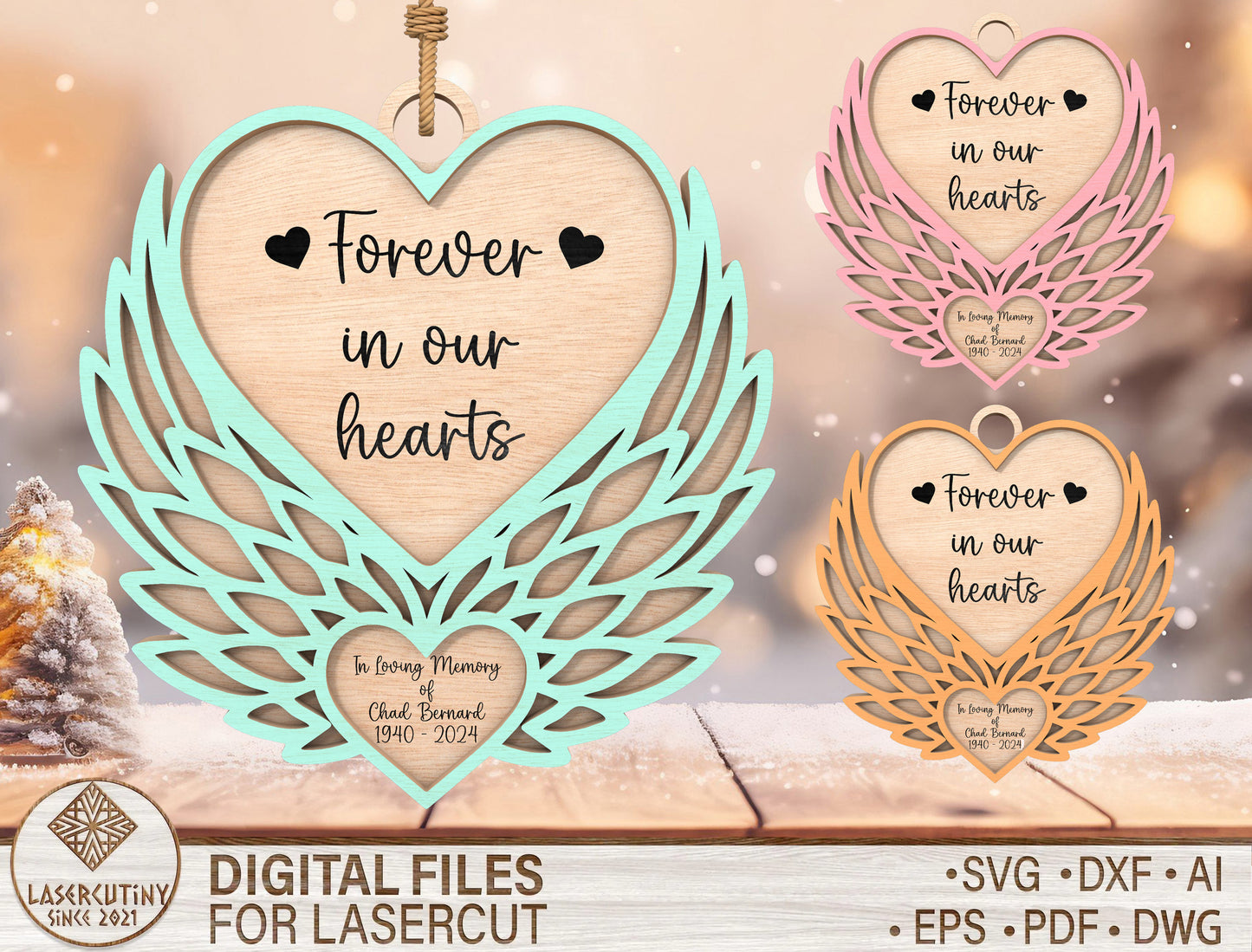 Memorial Heart Wings SVG Ornament for Glowforge and xTool