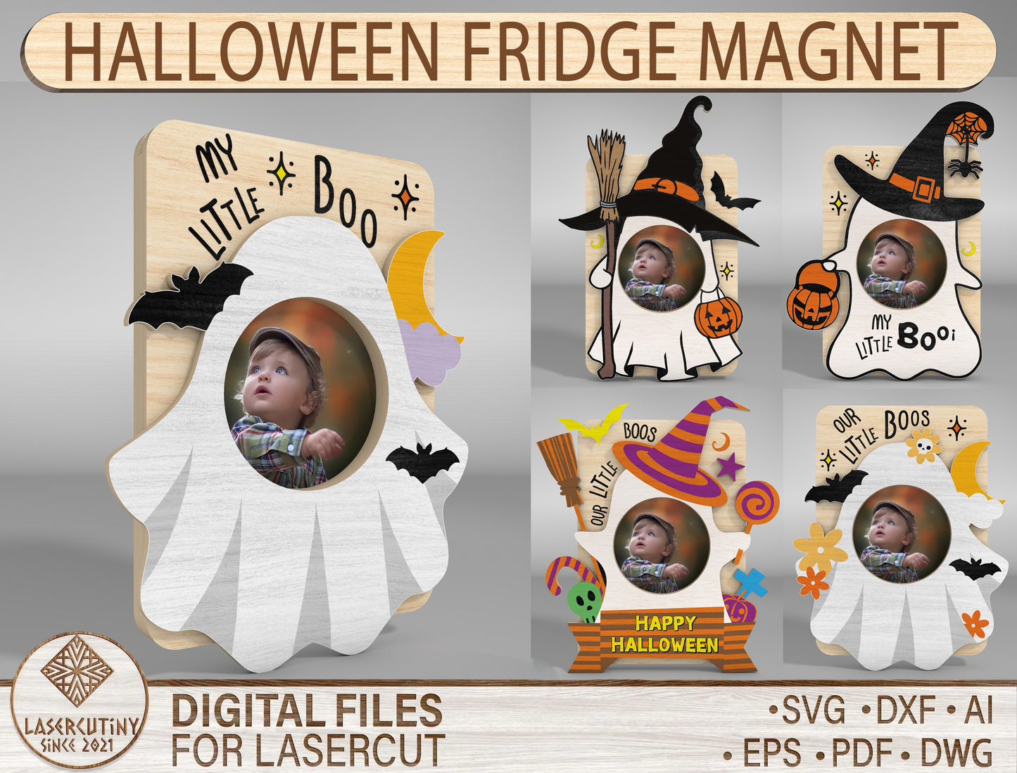 Halloween Fridge Magnet SVG Bundle for Glowforge LightBurn xTool | Ghost Photo Frame | 5 Designs