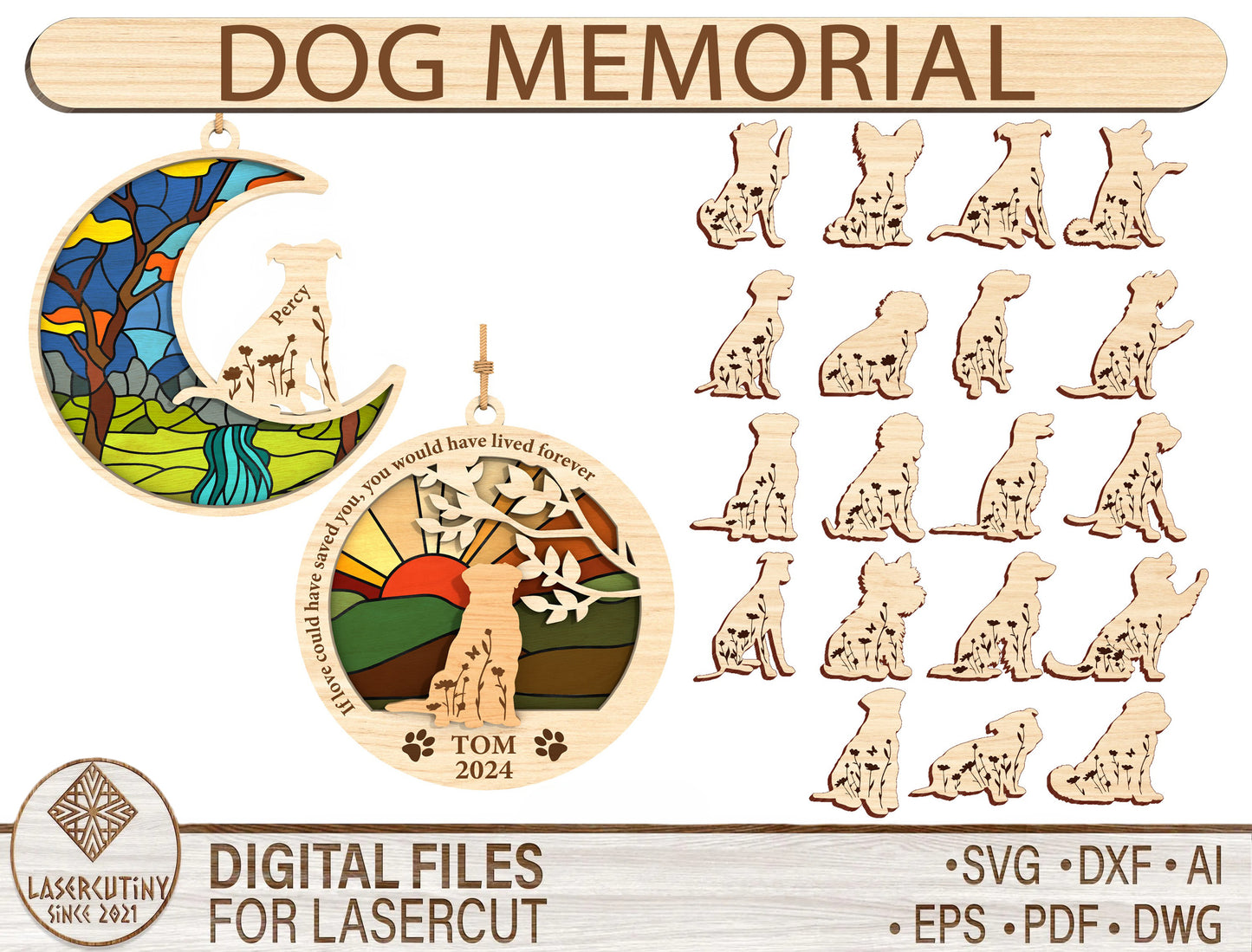 Dog Memorial Moon Ornament SVG Bundle Laser Cut File for Glowforge and LightBurn