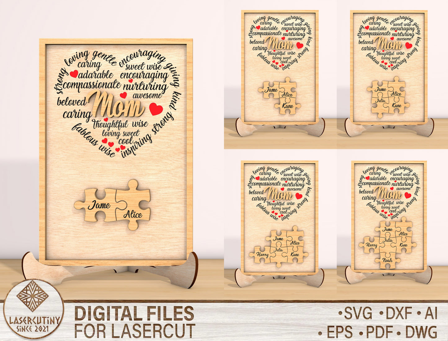 Mom Word Art Heart Puzzle Sign SVG Bundle for Glowforge and xTool