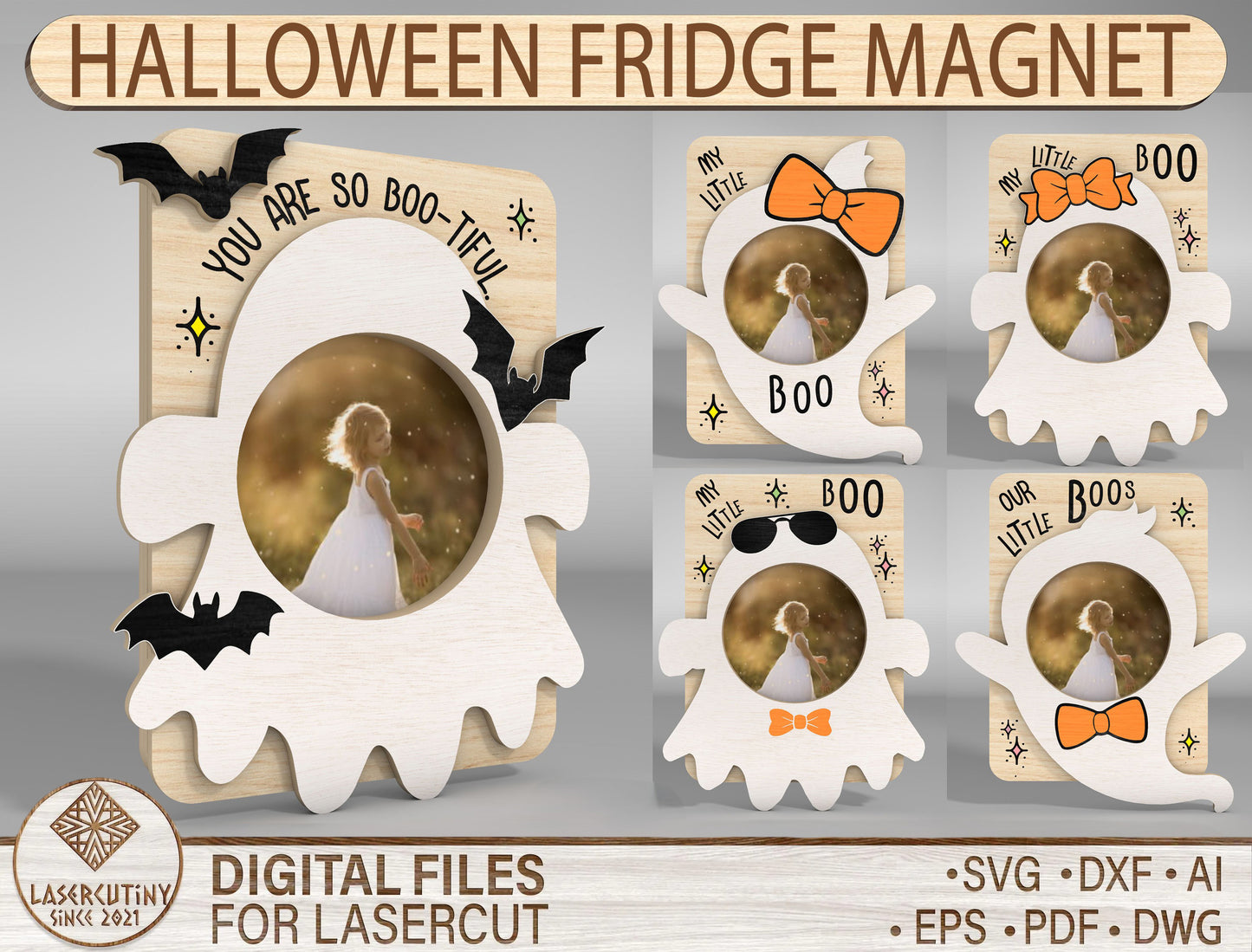 Halloween Fridge Magnet SVG Bundle for LightBurn Glowforge xTool Ghost Photo Frame 4 Designs