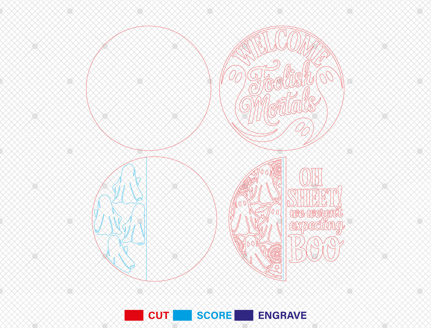 Welcome Foolish Mortals and Oh Sheet Ghost Door Hanger SVG Set for xTool LightBurn