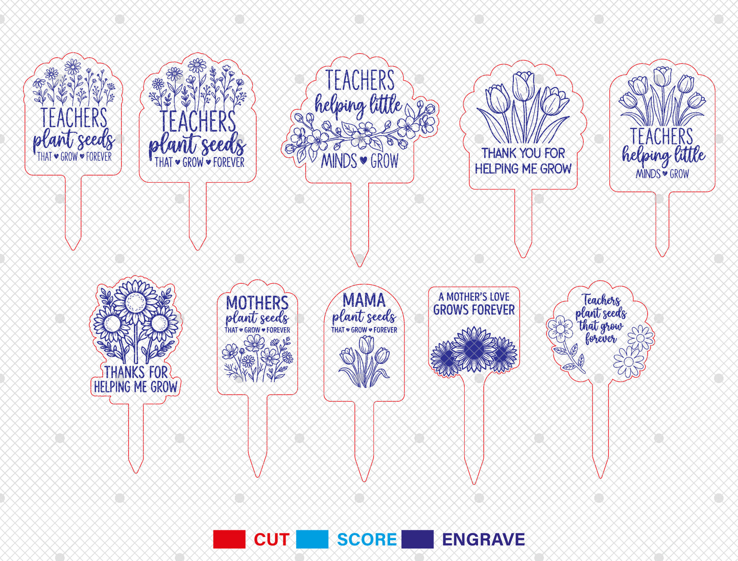 Teacher Mom Plant Marker SVG Bundle Thank You Grow Quote Laser Cut File for Glowforge and xTool