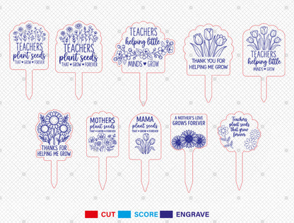Teacher Mom Plant Marker SVG Bundle Thank You Grow Quote Laser Cut File for Glowforge and xTool