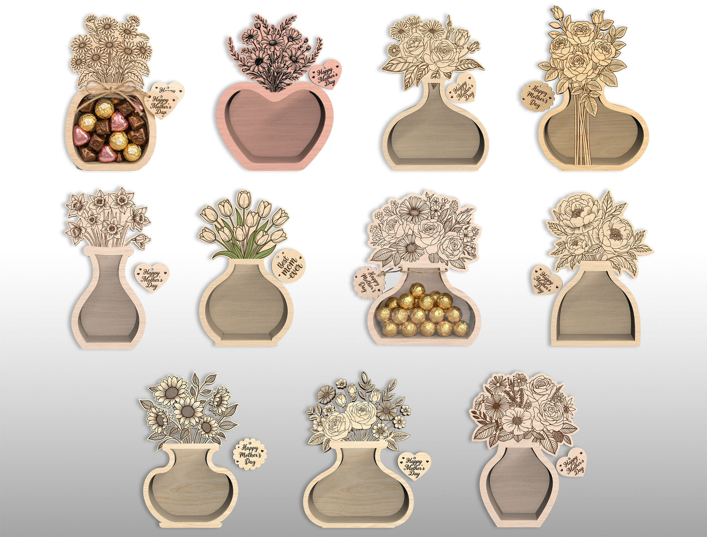 Flower Vase Candy Holder SVG Bundle 3D Wooden Bouquet Gift Jar for Glowforge and xTool