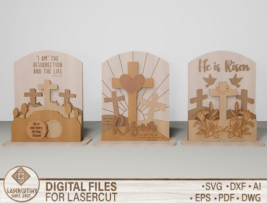 He Is Risen Cross Scene Tabletop Set SVG for Glowforge and xTool