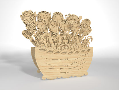 Wooden 3D Flower Pot SVG Floral Basket Decor for LightBurn and xTool