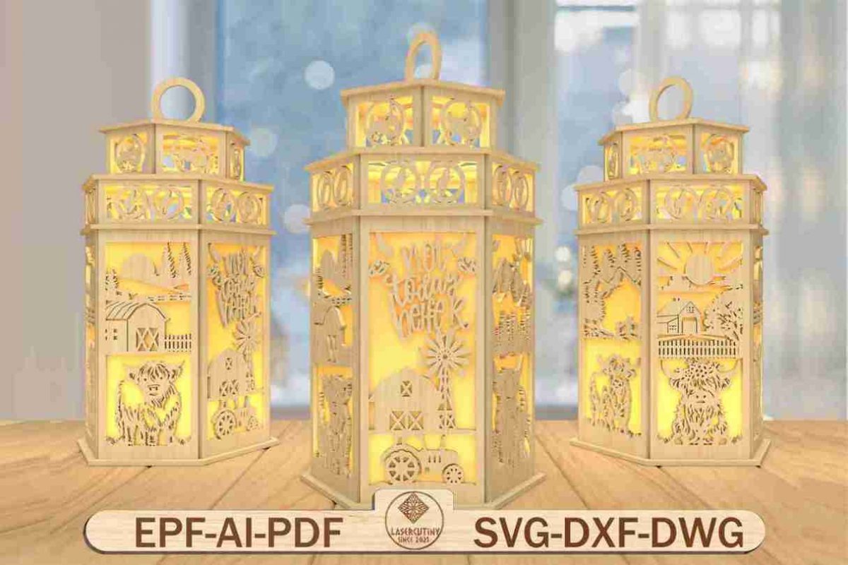 3D Highland Cow Lantern Laser Cut File Svg
