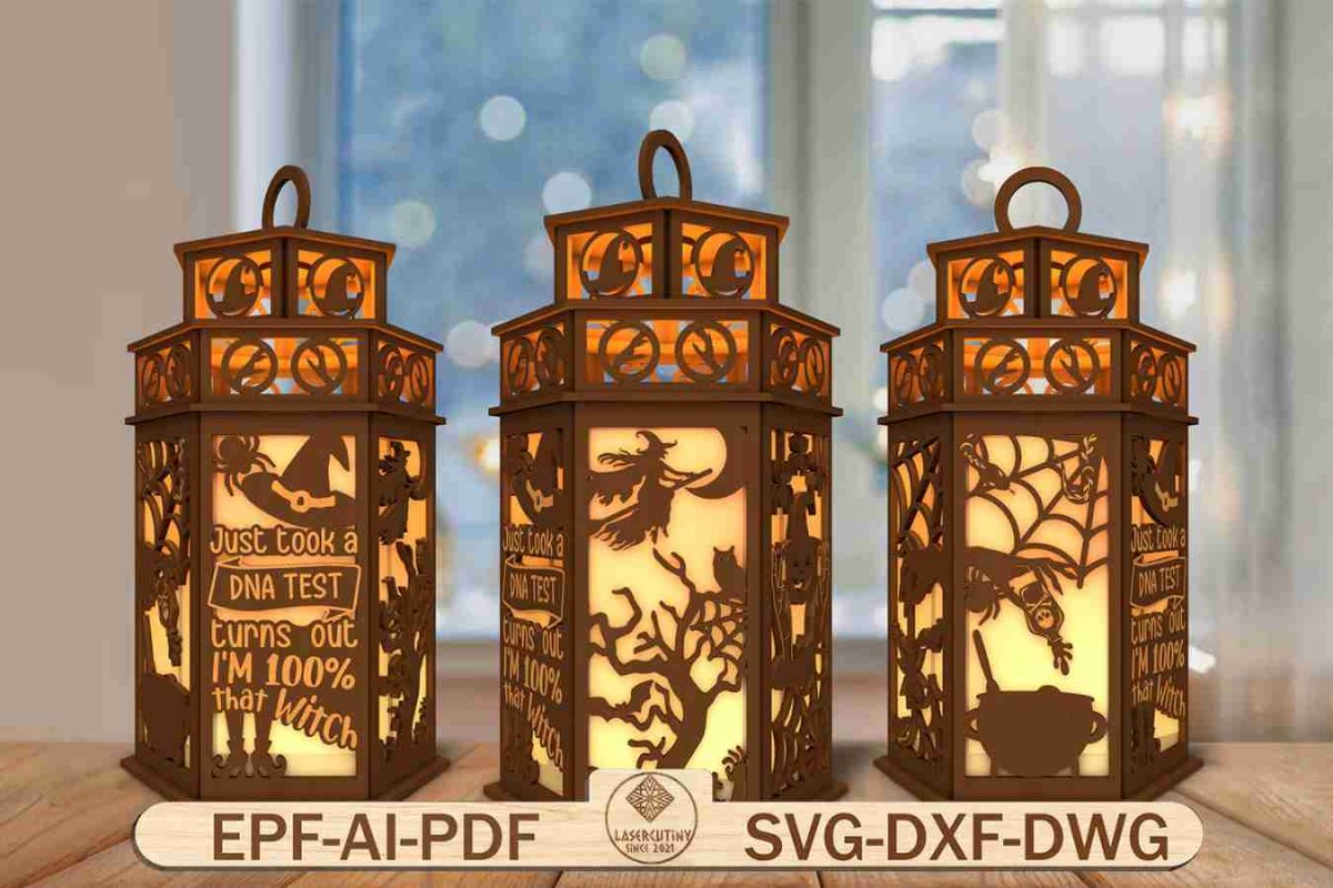 3D Witches Halloween Lantern Laser Cut File Svg