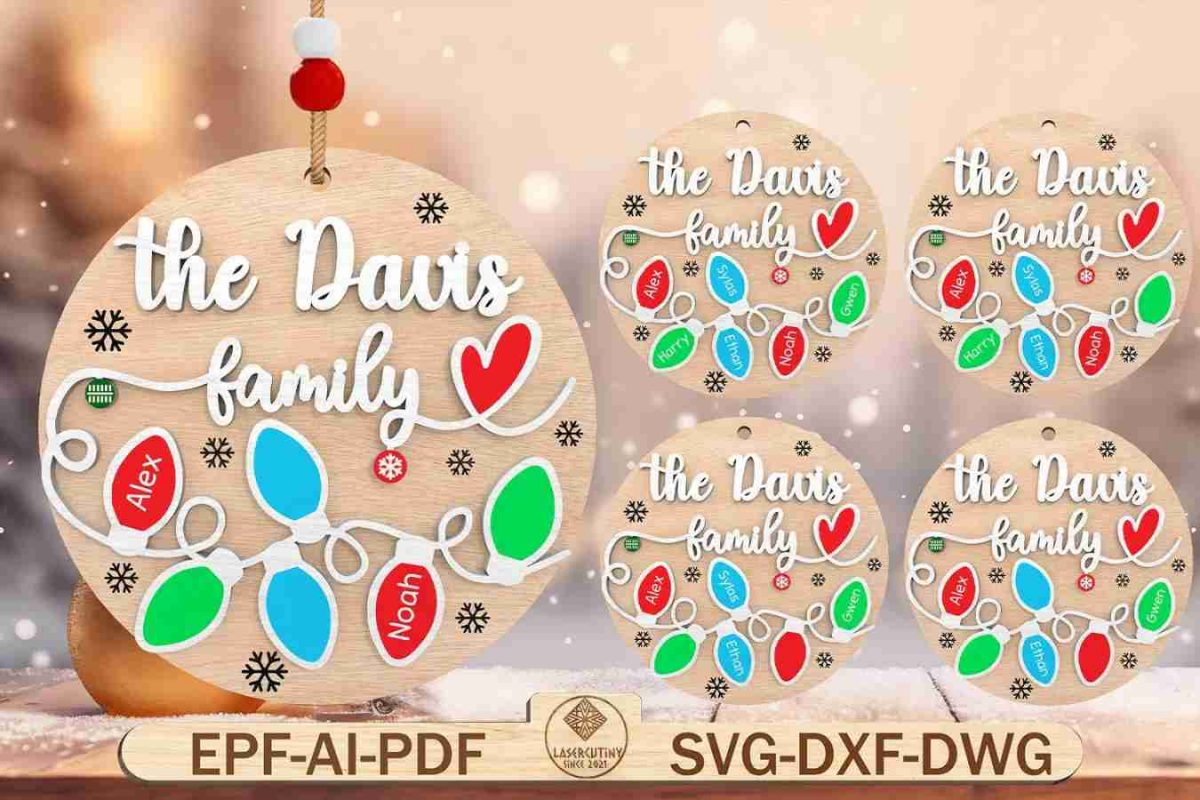 Personalized Christmas Family Ornament Laser Cut File Svg