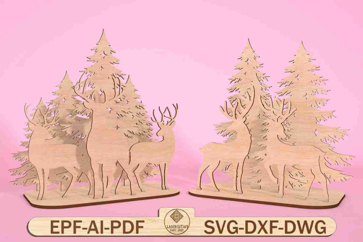 Christmas Trees And Deer Standing Cut File Svg