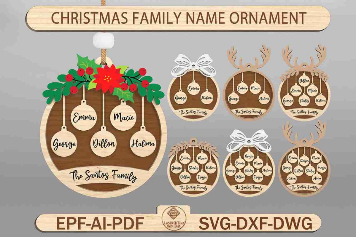Personalized Christmas Family 3-9 Name Ornament Svg