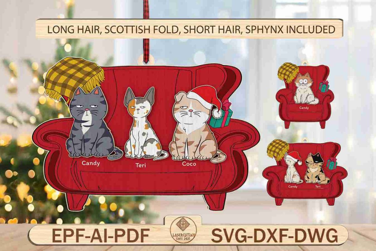 Christmas Cat Sitting in Armchair Ornament Svg