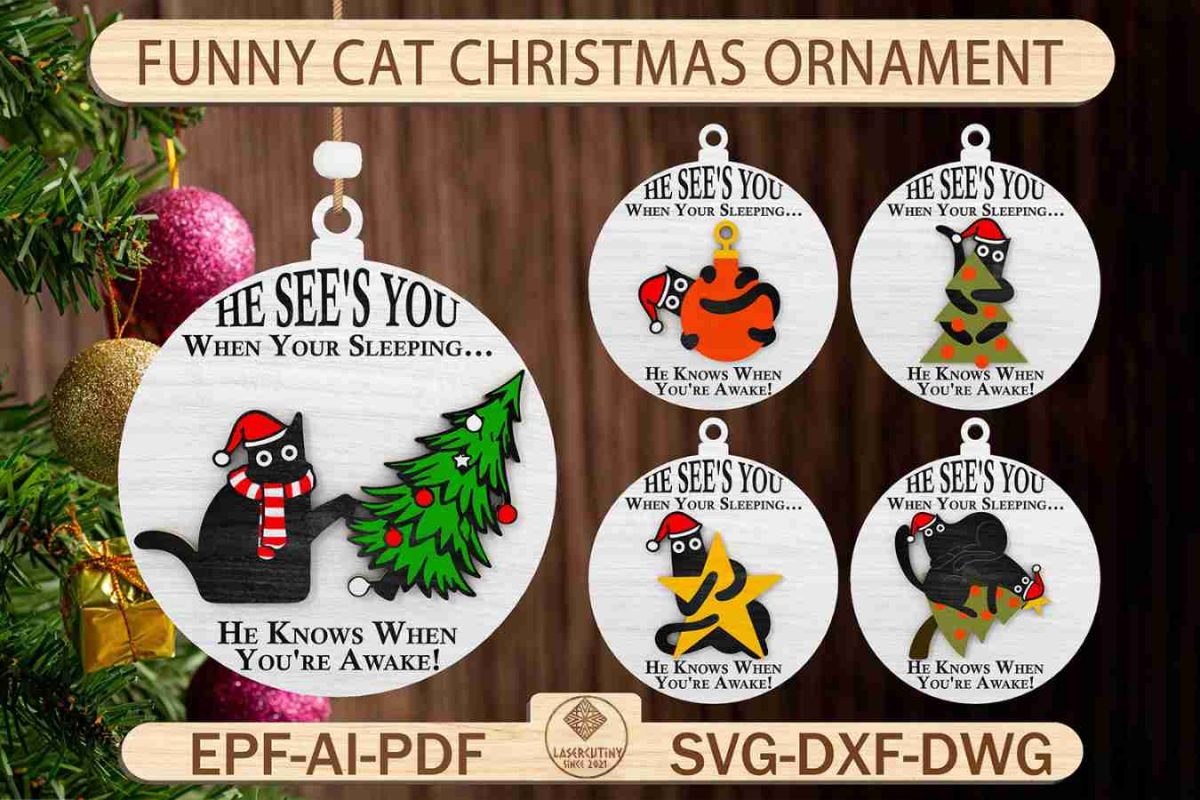 Funny Cat Christmas Ornament Cut File Svg